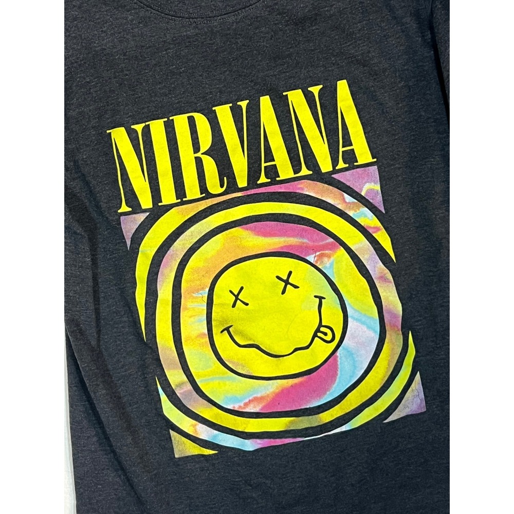 Nirvana Smiley Face Tie Dye Graphic Tee Mens Small Charcoal Grey Rock T-Shirt